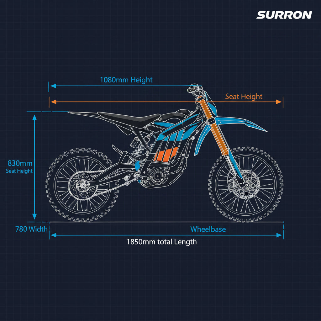 Technical dimension illustration of Surron Light Bee