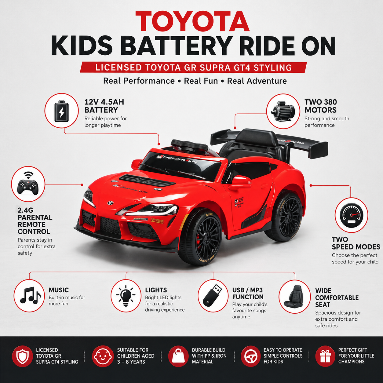 Red Toyota kids' battery ride-on toy car with features such as a 12V 4.th