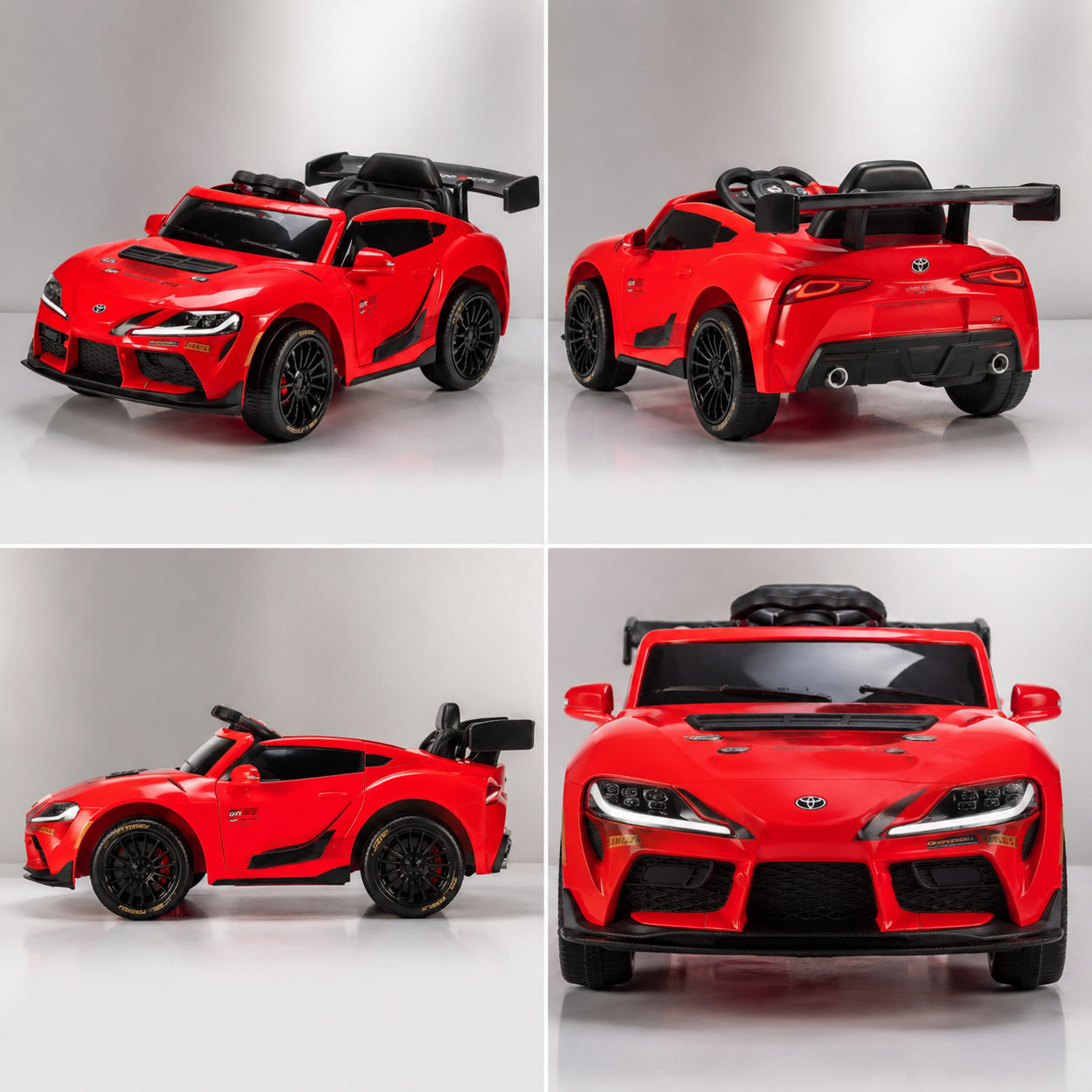 A red toy sports car shown in four studio views: front three-quarter, rear three-quarter, side, and front. 