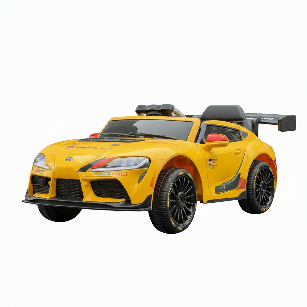 Yellow Toyota Supra-themed children's ride-on toy car with a 2.4G remote control