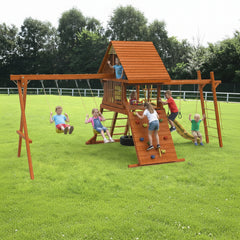 Kiddoro Discovery Den Monkey Bars Swing, slide, and climbing wall on a grassy field.