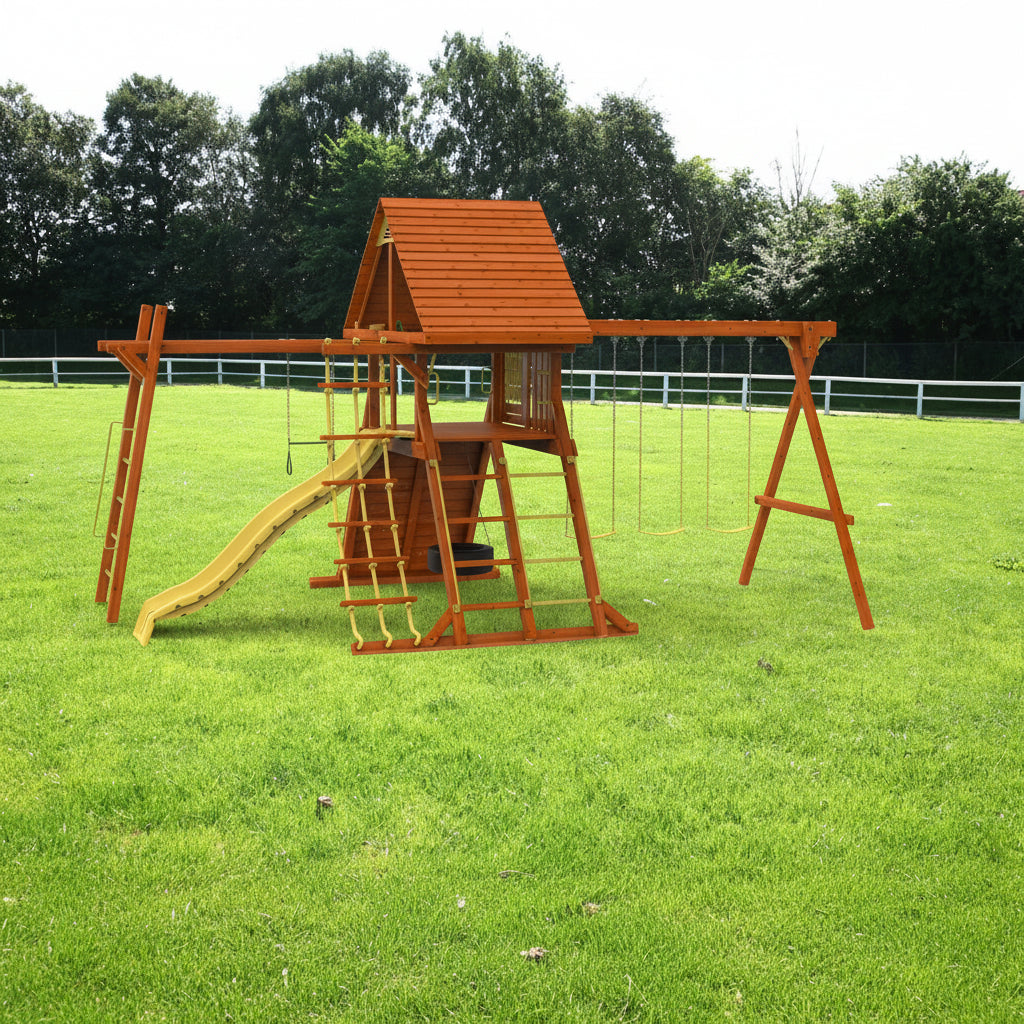Kiddoro Discovery Den Monkey Bars Swing Set  and climbing structure on a grassy field