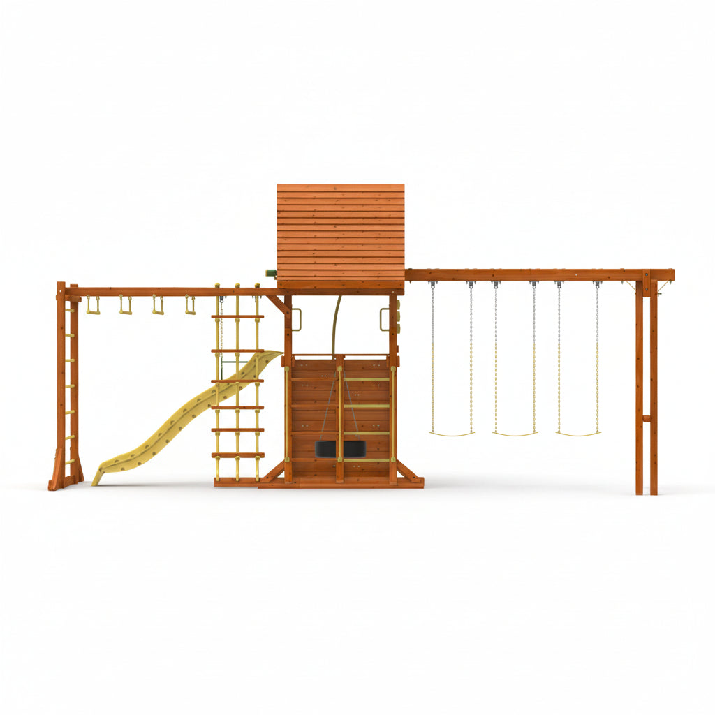 Kiddoro Discovery Den outdoors Monkey Bars wooden Swing Set treehouse with multiple activities 641 x 305 x 366 cm
