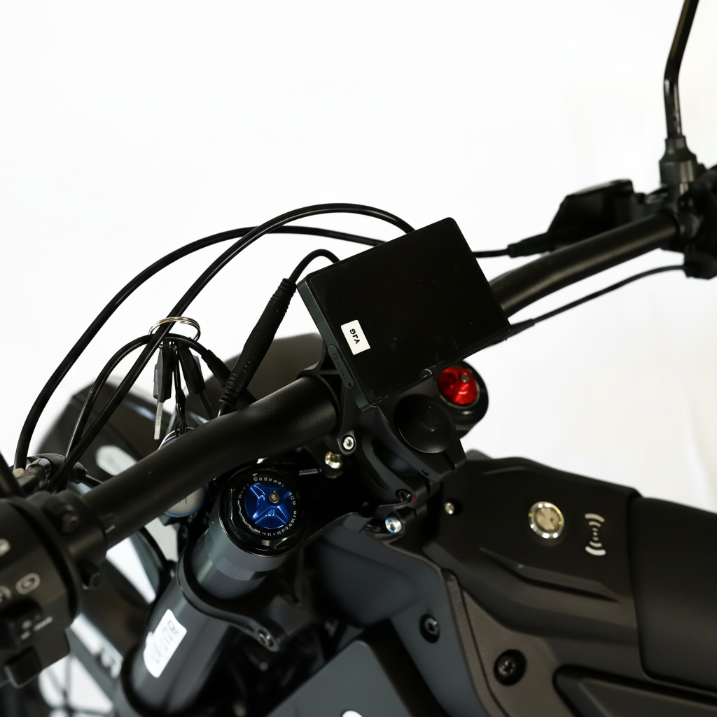A black controller on a motorcycle handlebar