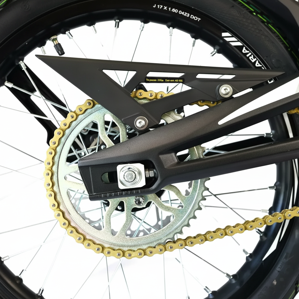 Close-up of a Dirt Bike rear wheel with a black metal chain guard