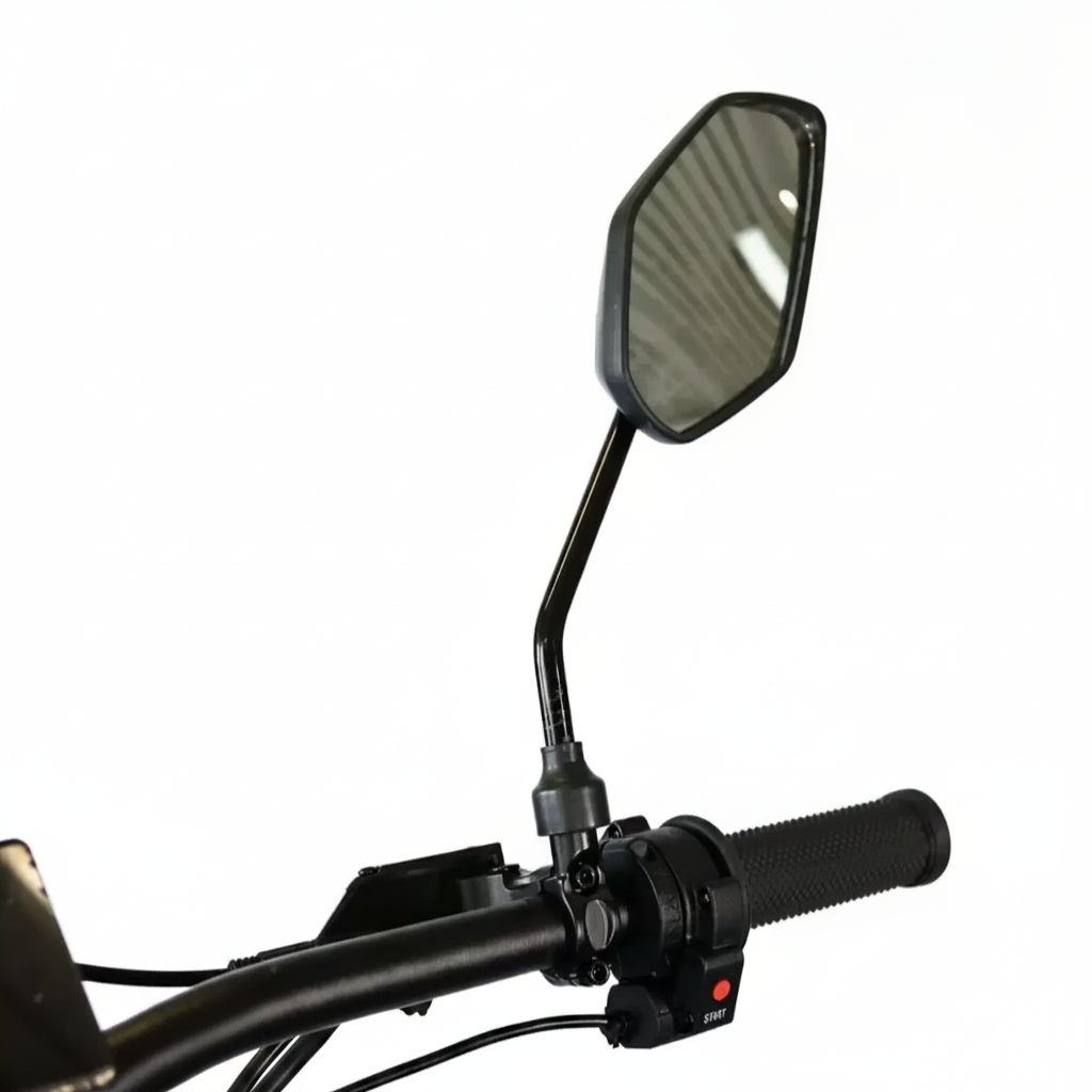 A black motorcycle side-view mirror mounted on a black handlebar 
