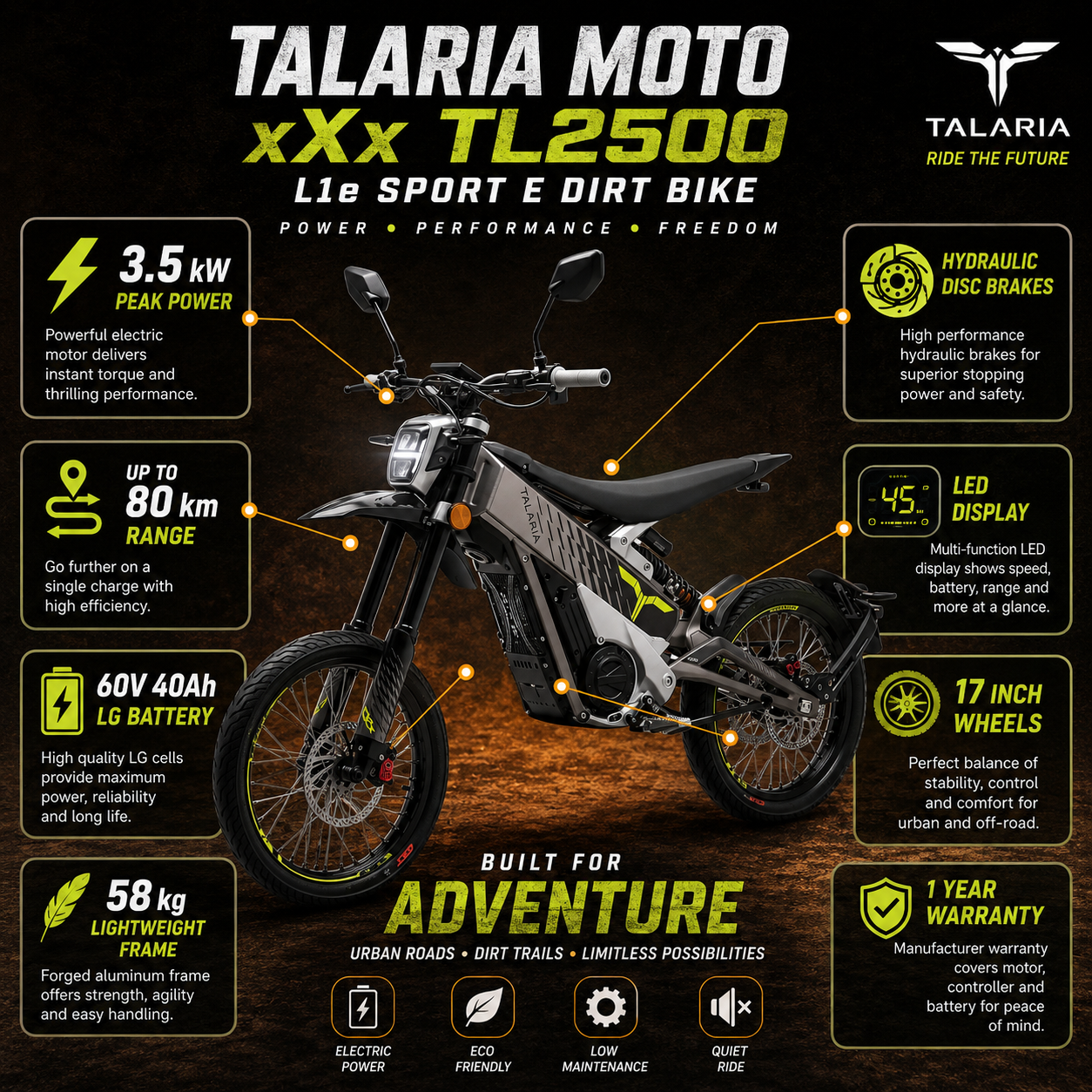 Black Talaria Moto xXx TL2500 L1e Sport Electric Pit Bike with 80 km Range with information