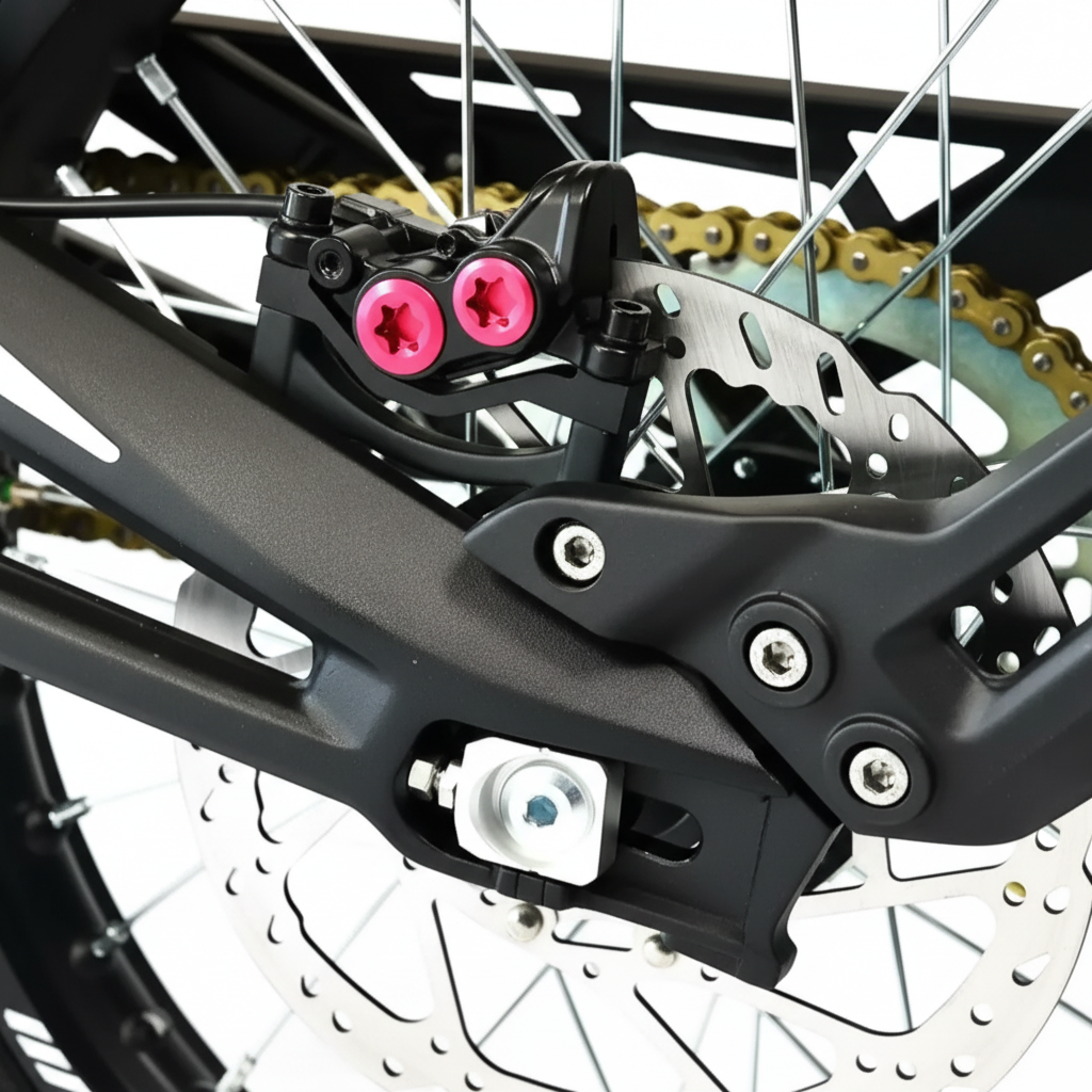 Close-up of a Talaria Moto xXx TL2500 L1e Sport Dirt Bike disc brake assembly with a black calliper featuring 