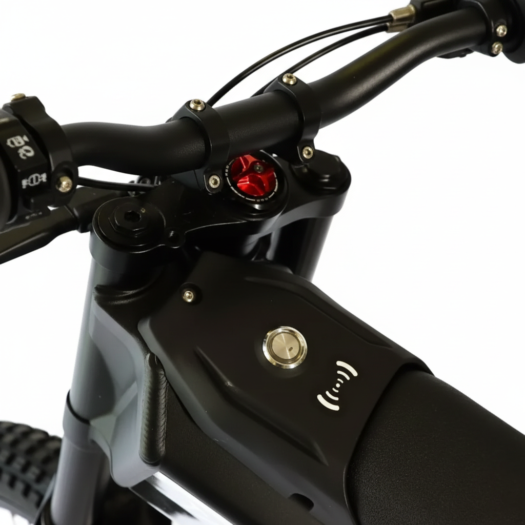 Close-up of a black electric Talaria Moto xXx dirt bike handlebar with a central lock button