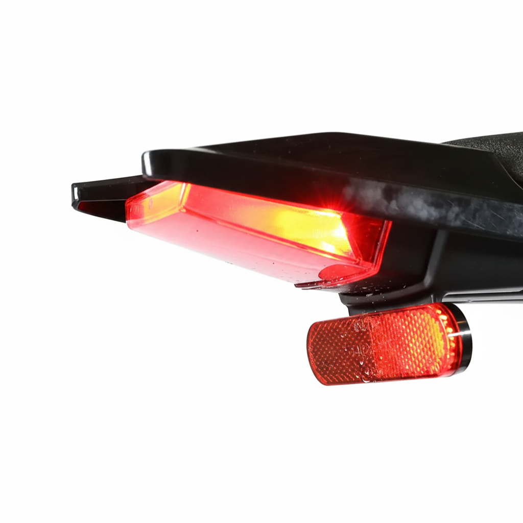 Close-up of a black Talaria Moto xXx Electric Dirt Bike rear light assembly with a red translucent