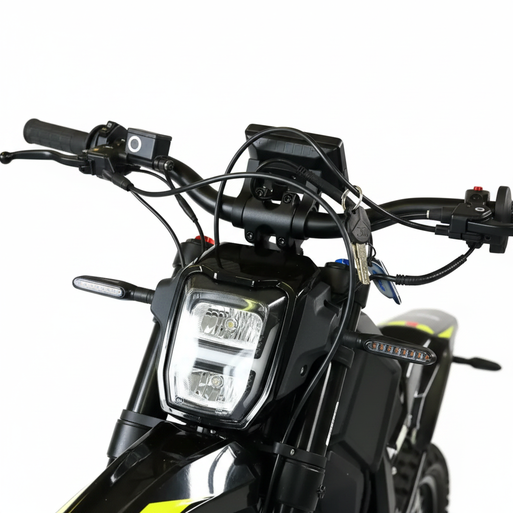 Close-up of a Talaria Moto xXx TL2500 L1e Sport E Dirt motorcycle headlight assembly with two rectangular 