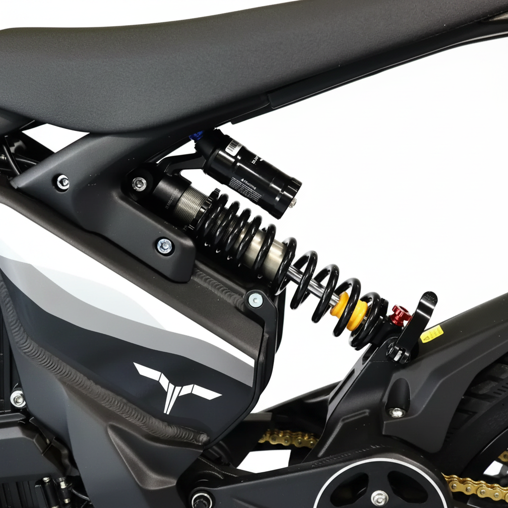 Close-up of a black motorcycle rear suspension system