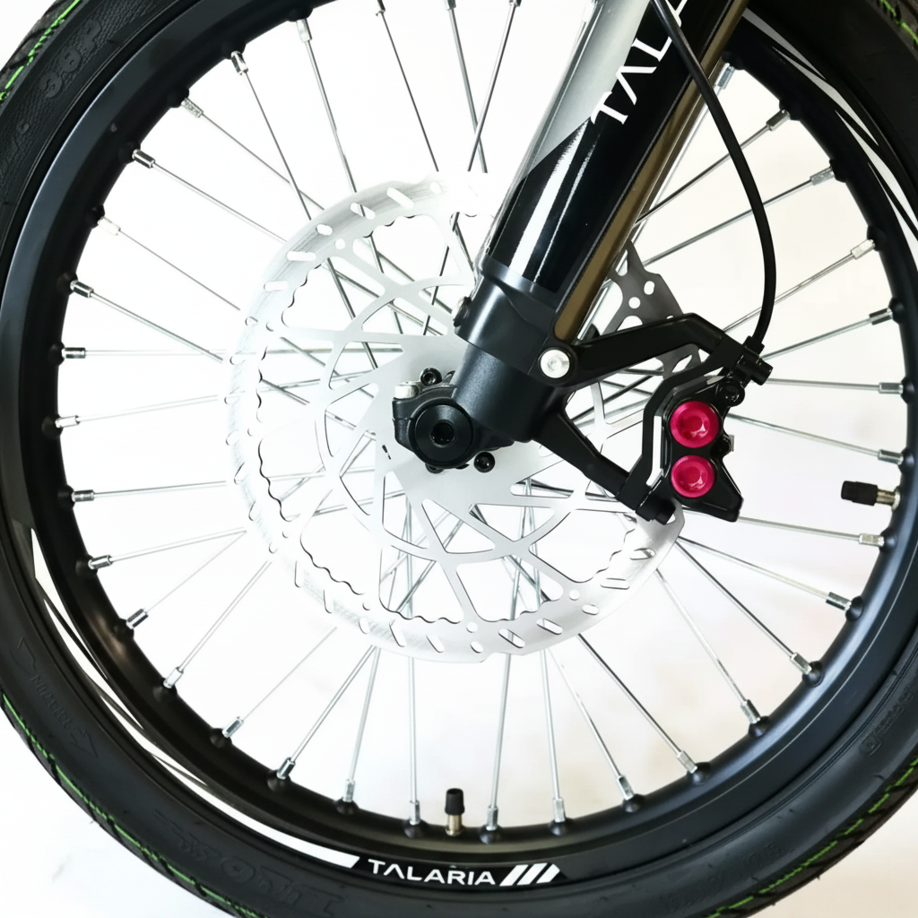 Close-up of a Talaria Moto xXx TL2500 L1e Sport E Dirt Bike front wheel and fork