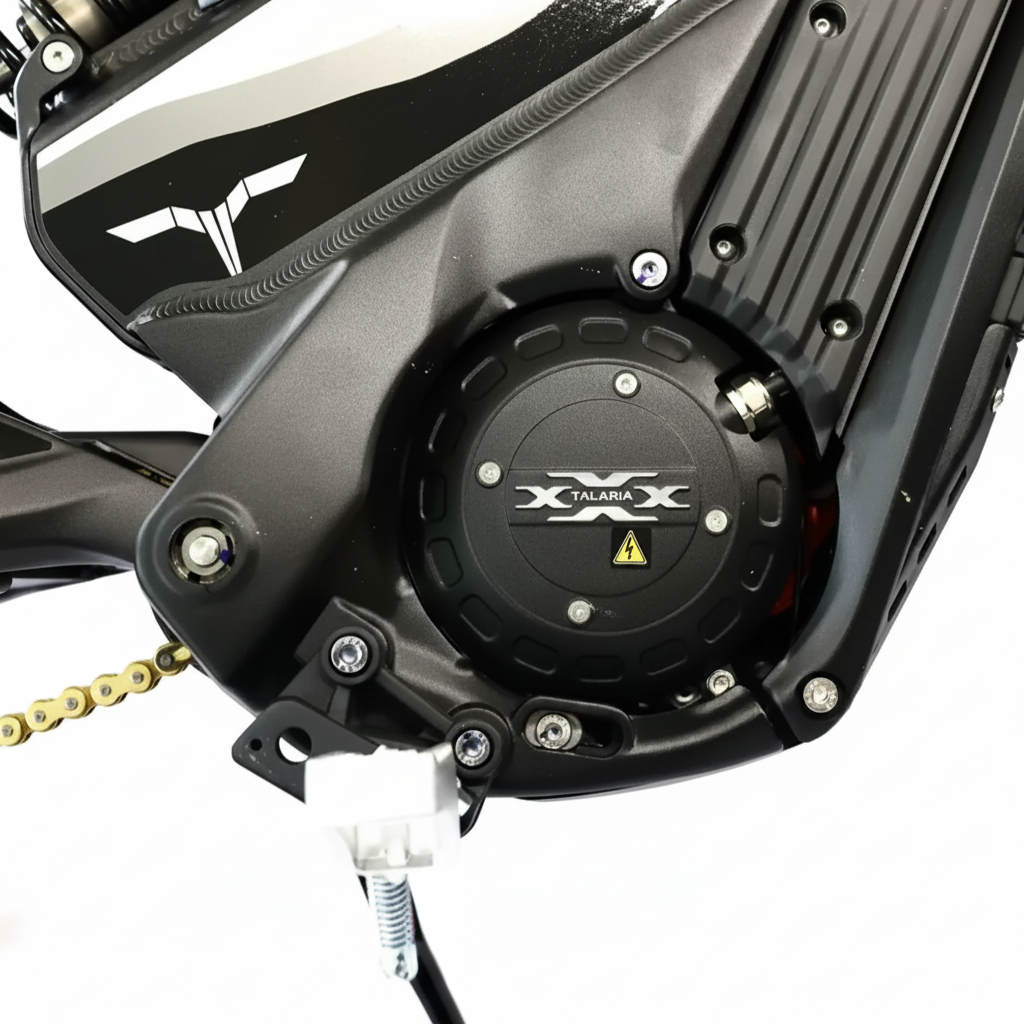Close-up of a black Talaria Moto xXx TL2500 L1e Sport E Dirt motorcycle engine cover 