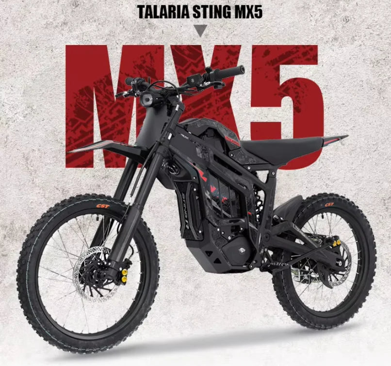 A black Talaria Sting MX5 electric dirt bike