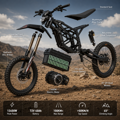 Black Talaria MX5 high-range electric motocross motorcycle for adults electric dirt bike with suspension, battery, motor, wheels, and performance specs.