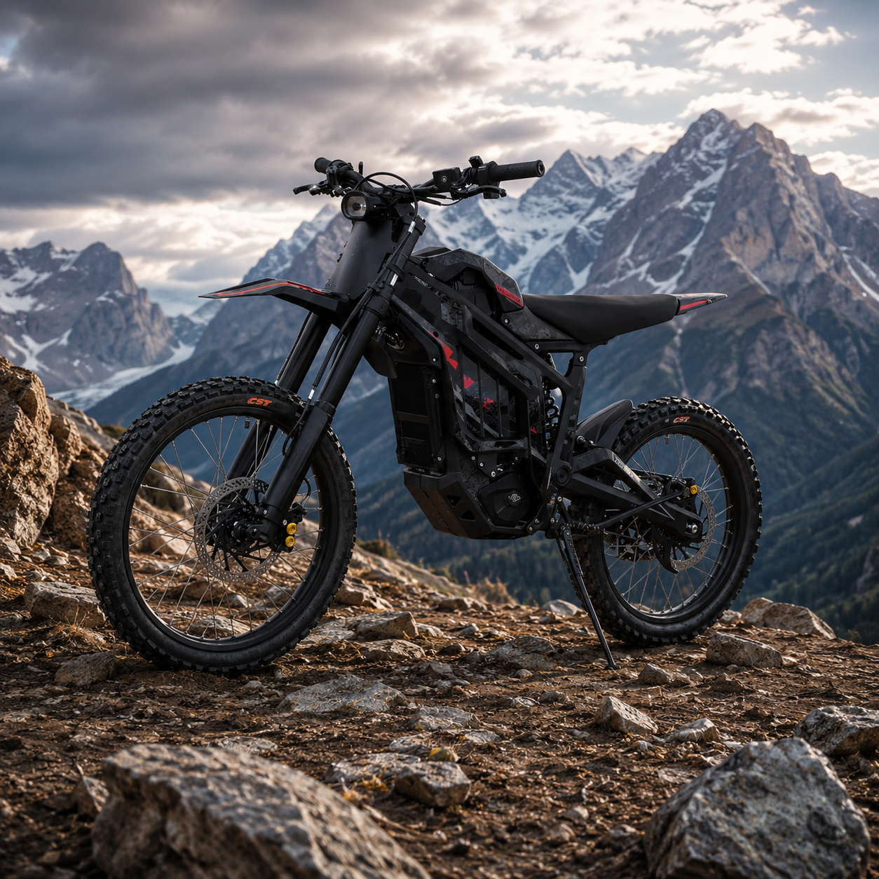 Talaria Sting MX5 electric dirt bike parked on a rocky mountain trail