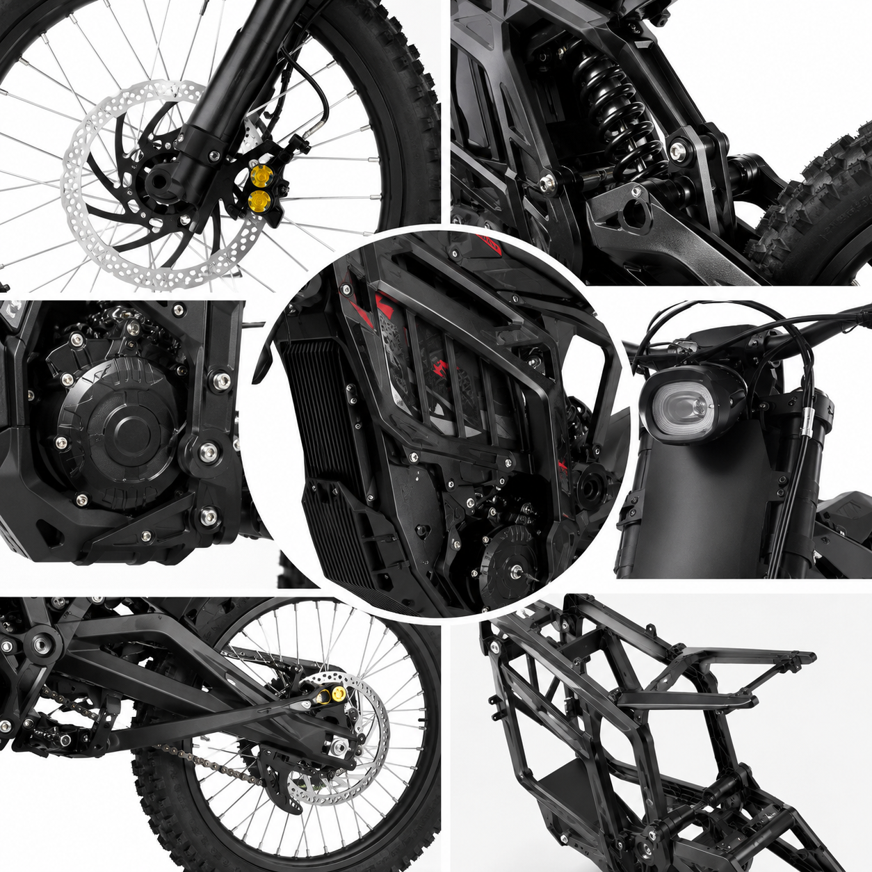 Close up collage showing hydraulic disc brakes, suspension, central motor, battery compartment, wheels and aluminium frame