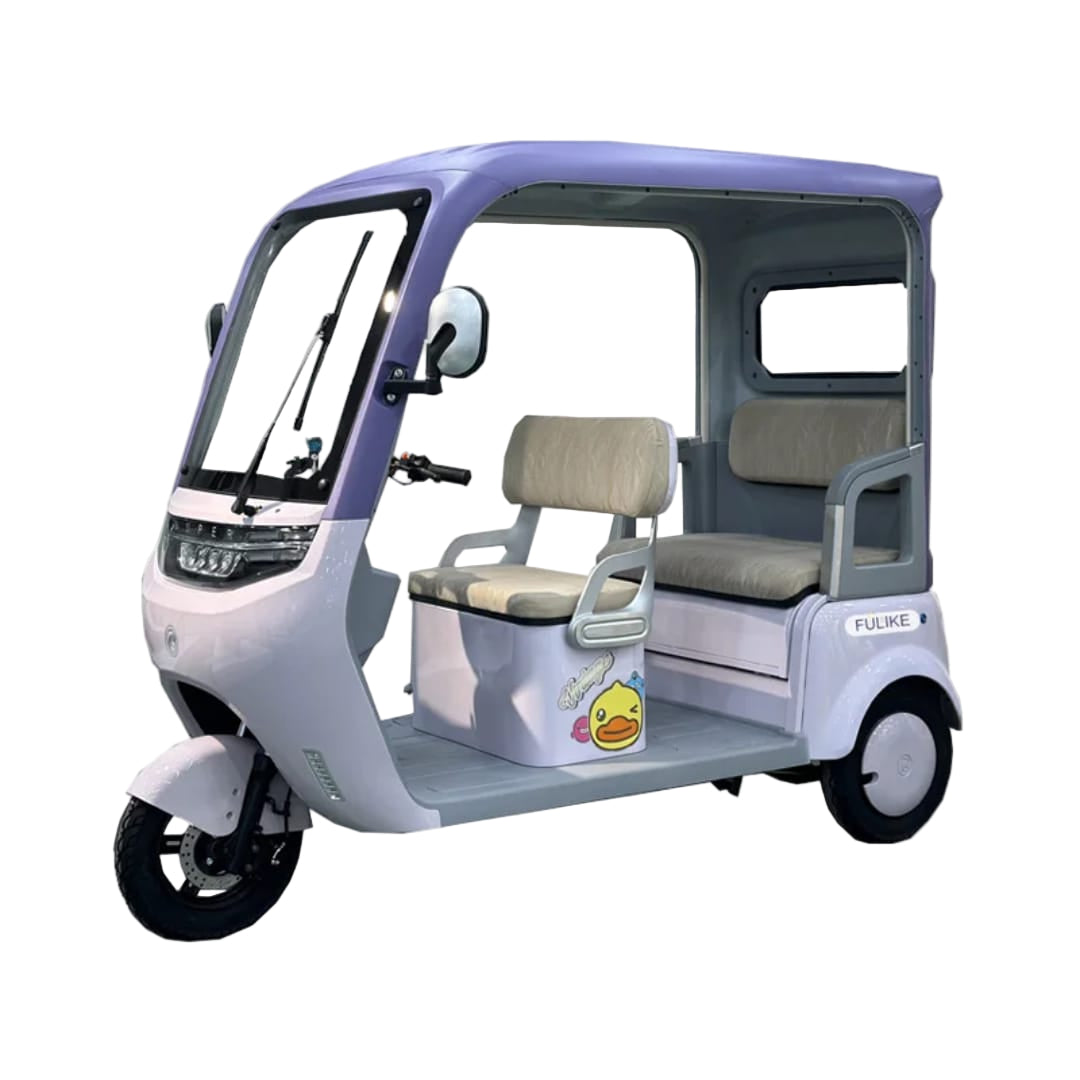 Three-wheeled electric vehicle for 3 passengers with a small seat and storage basket on a white background