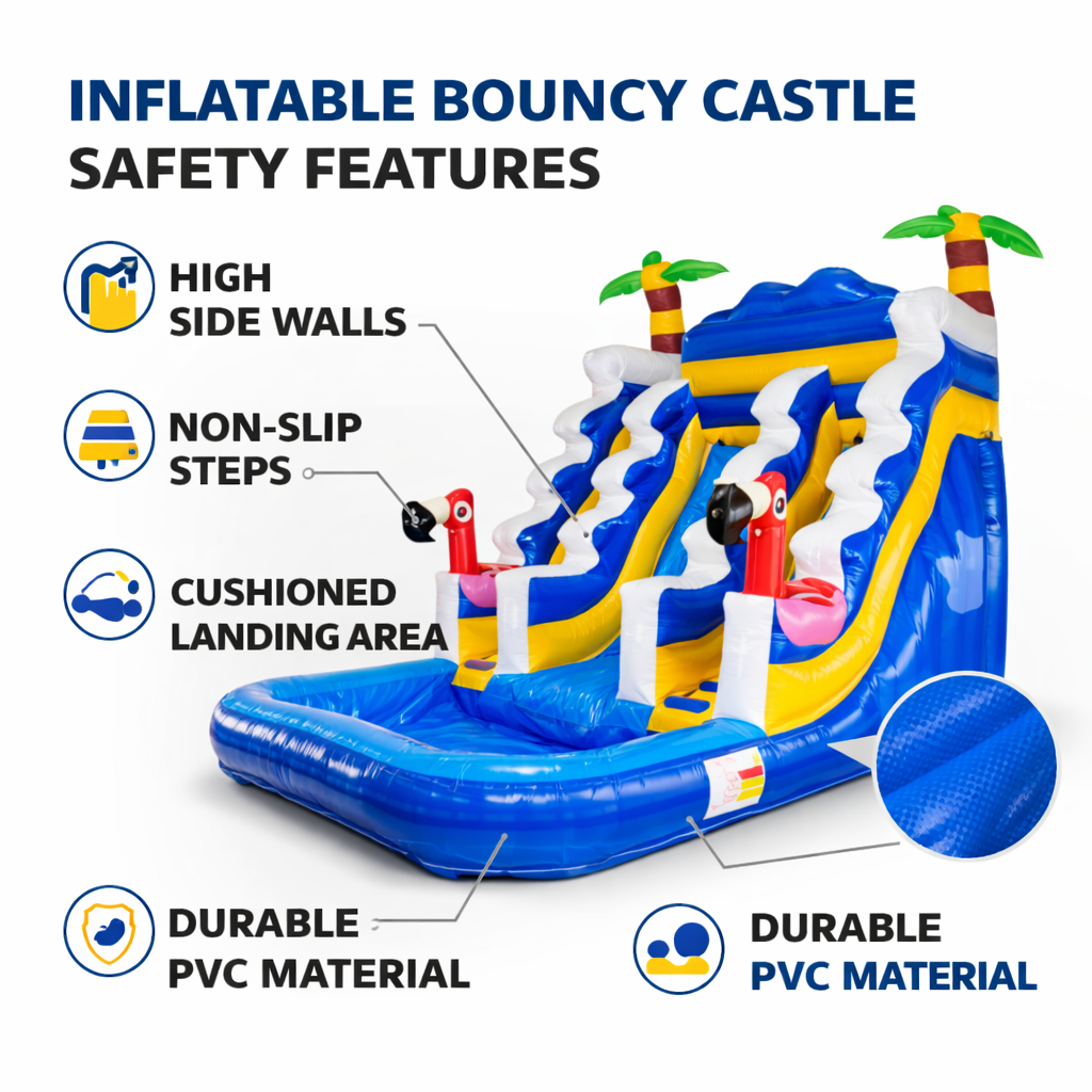 Inflatable bouncy castle with safety features highlighted