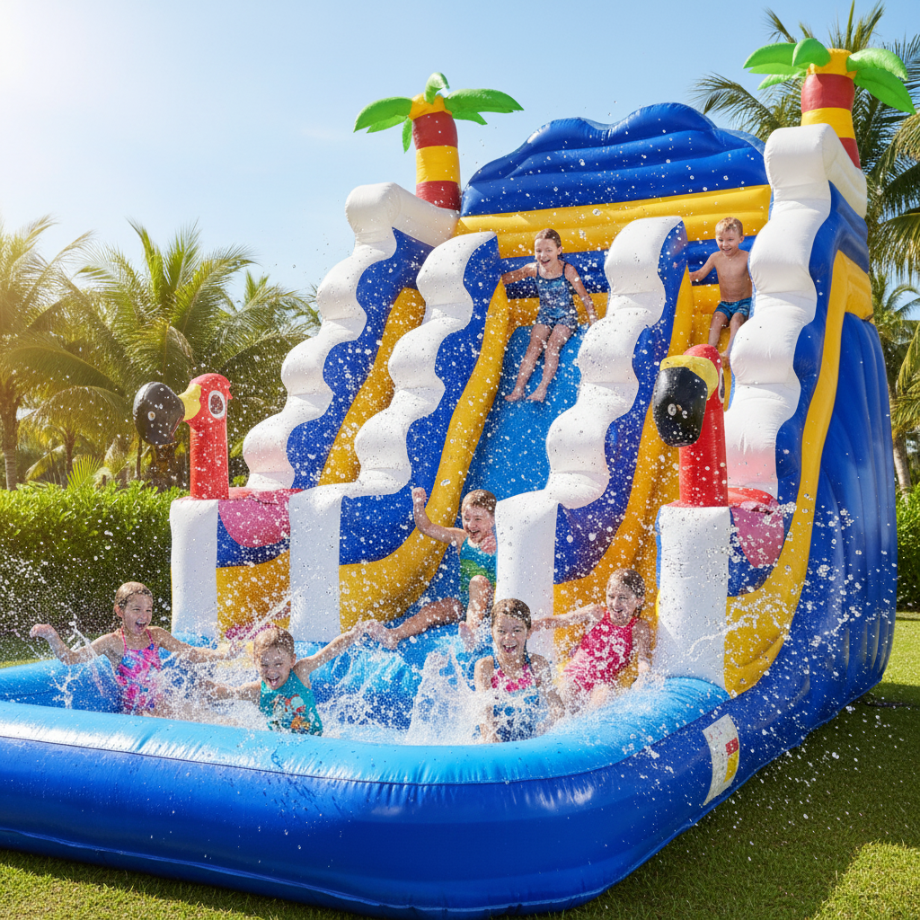 Kids Play Tropical Flamingo Jumping House Water Slide With Double Slide And Pool