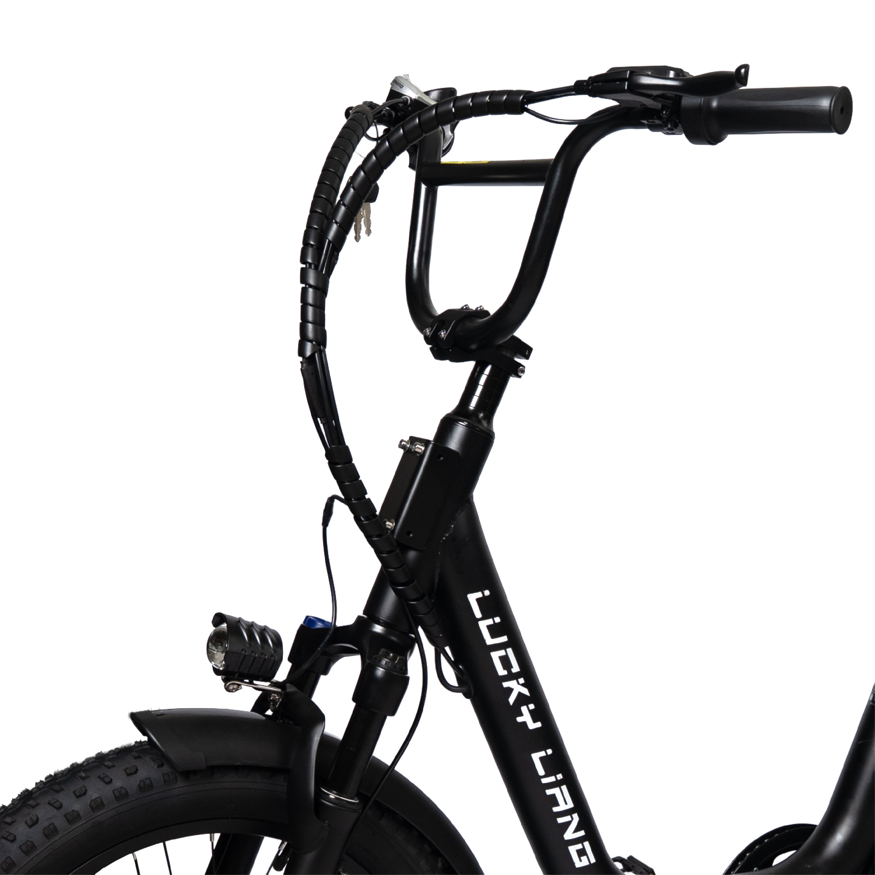 U03 Electric Bike Shown from Front 20 Inch Off Road Tires, Carbon Steel Frame