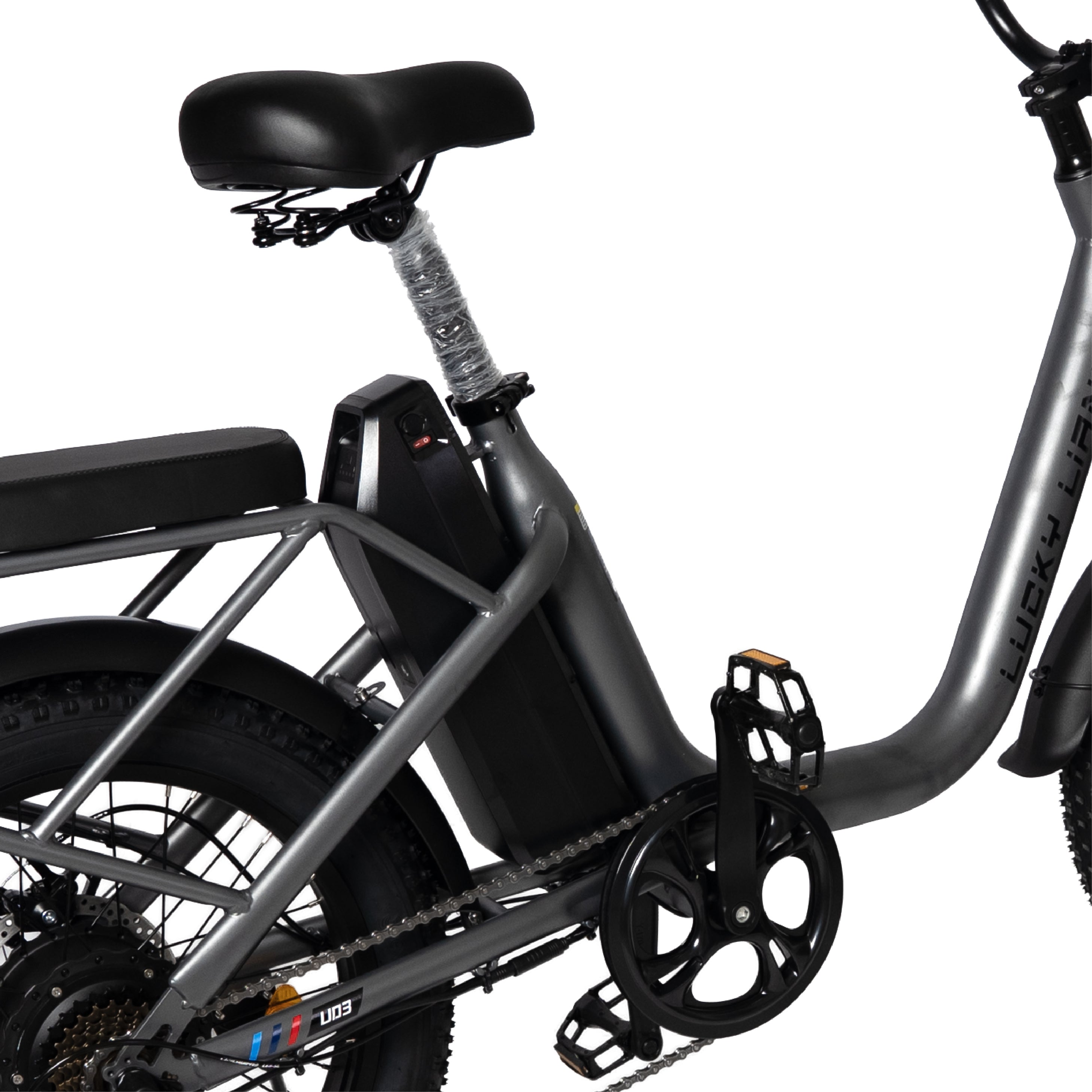 Close-up of a black electric bike with Seats