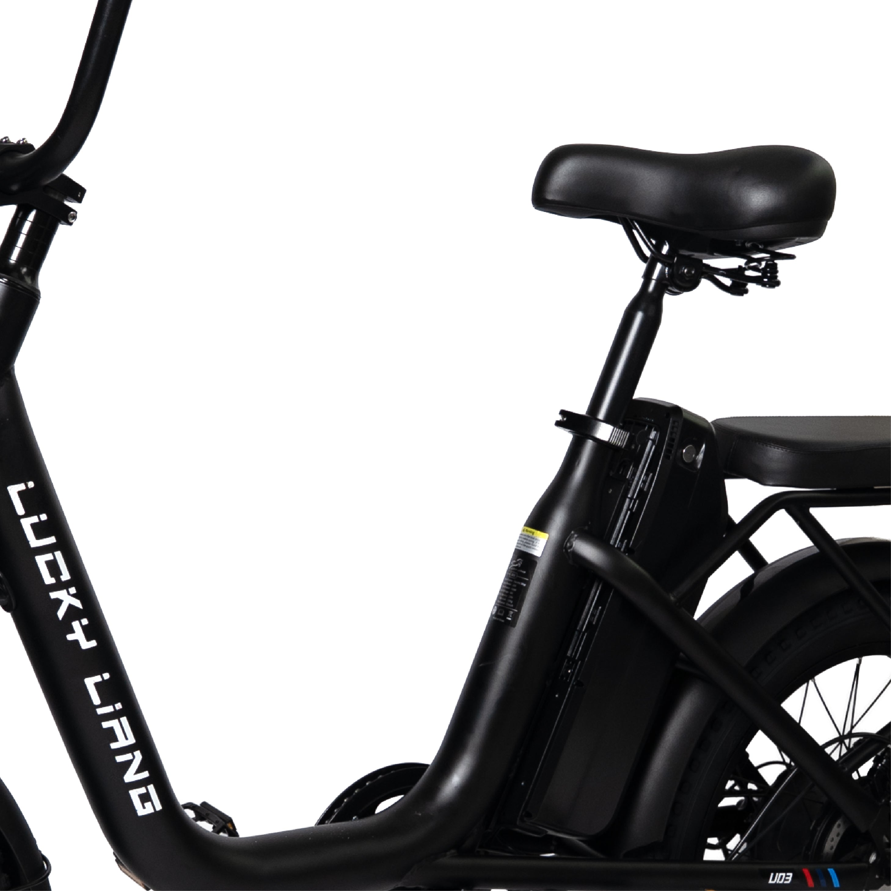 Close-up of a black electric bike with seats