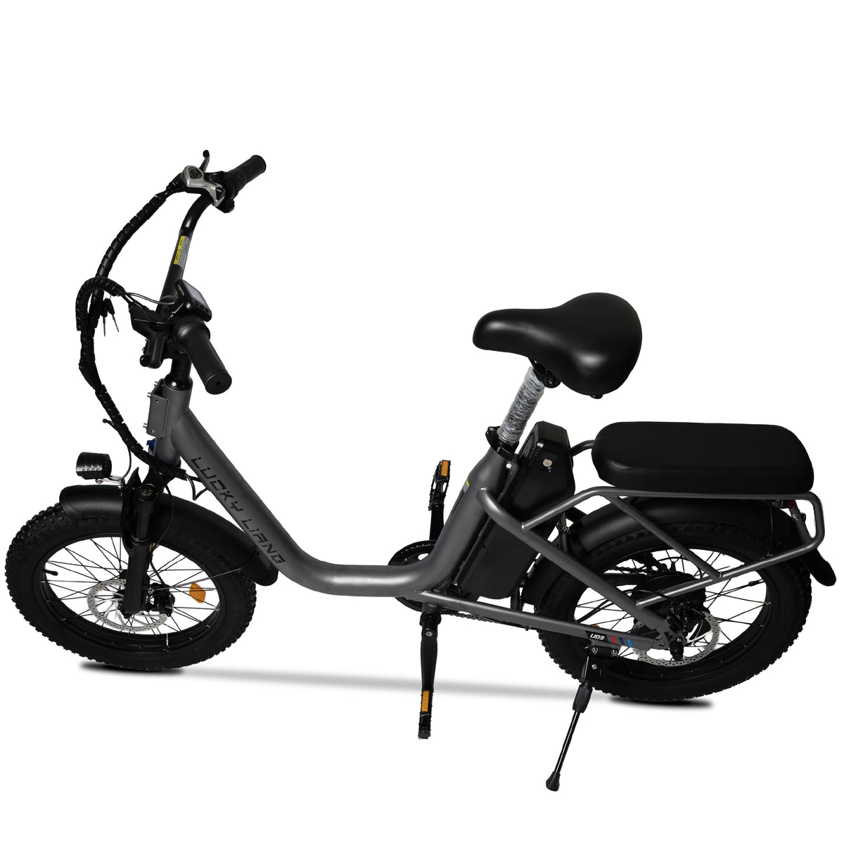 Grey electric bike with black seat and tyres