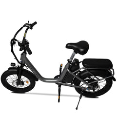 Grey electric bike with black seat and tyres