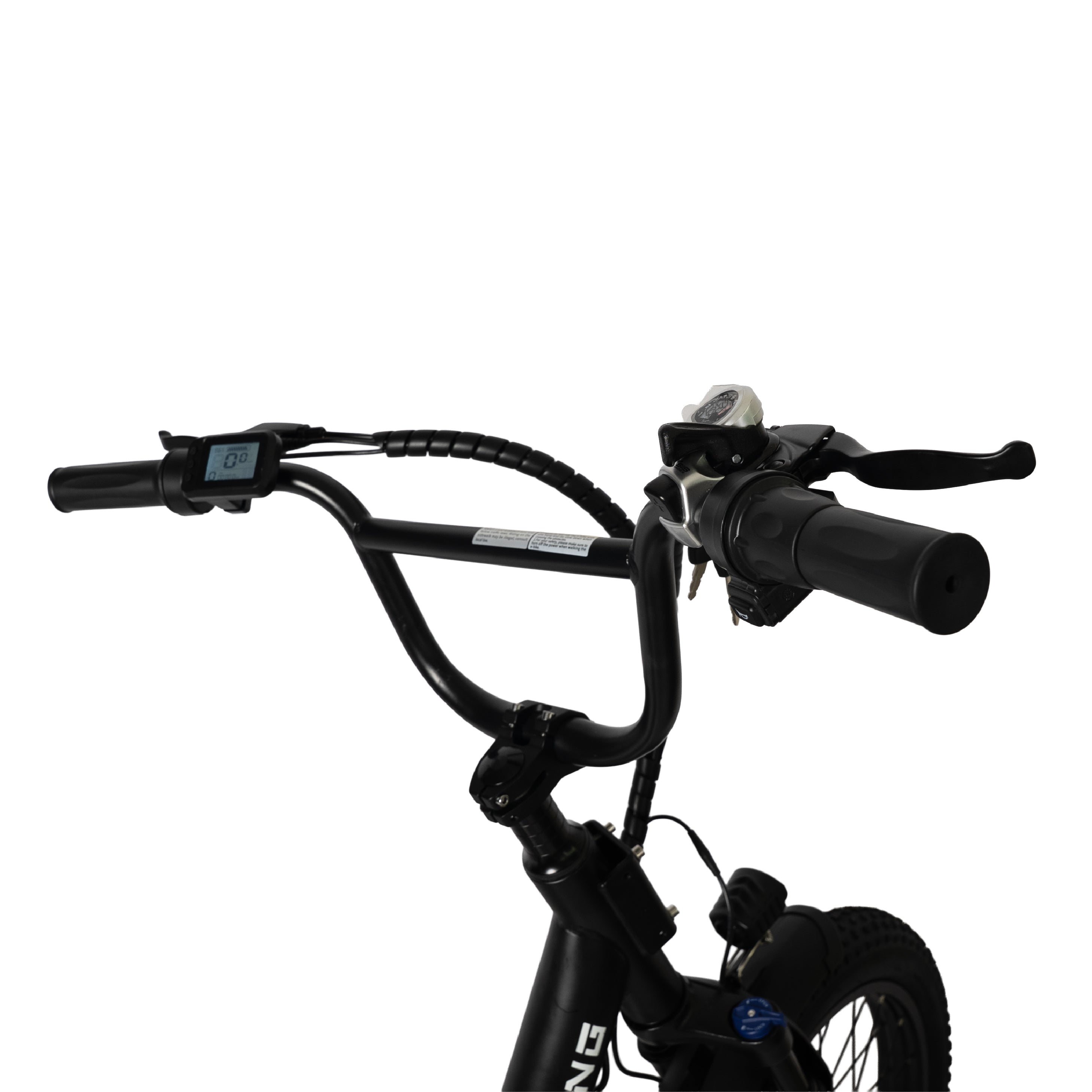 Close-up of a bicycle handlebar with black grips and brake levers