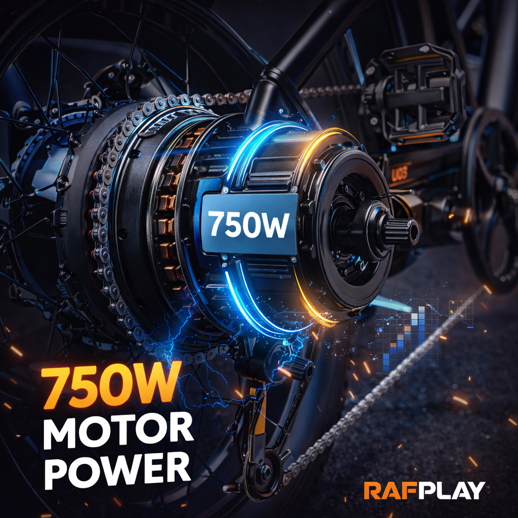 Motorcycle with 750W motor power display, featuring