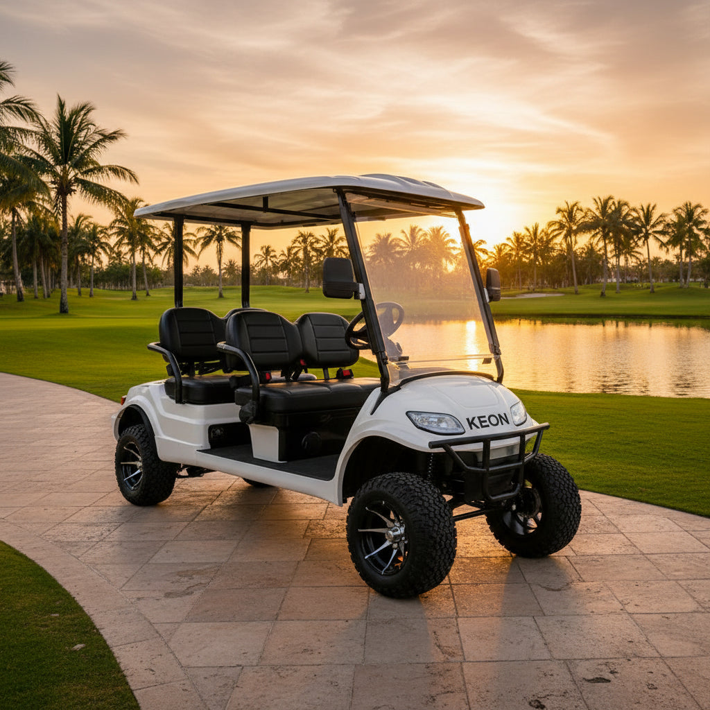 White Keon golf cart 4 seats  on a driveway with palm trees and a sunset 