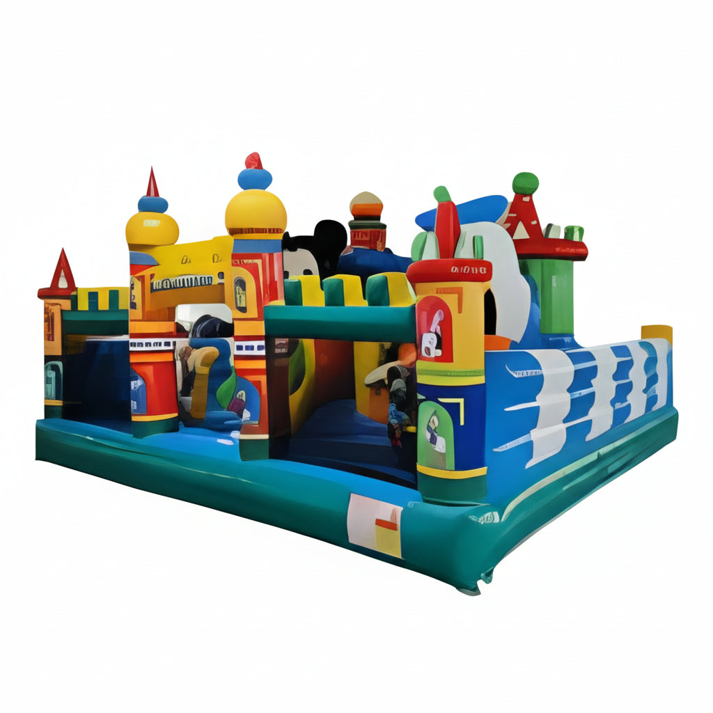 Colorful inflatable playground structure with cartoon characters