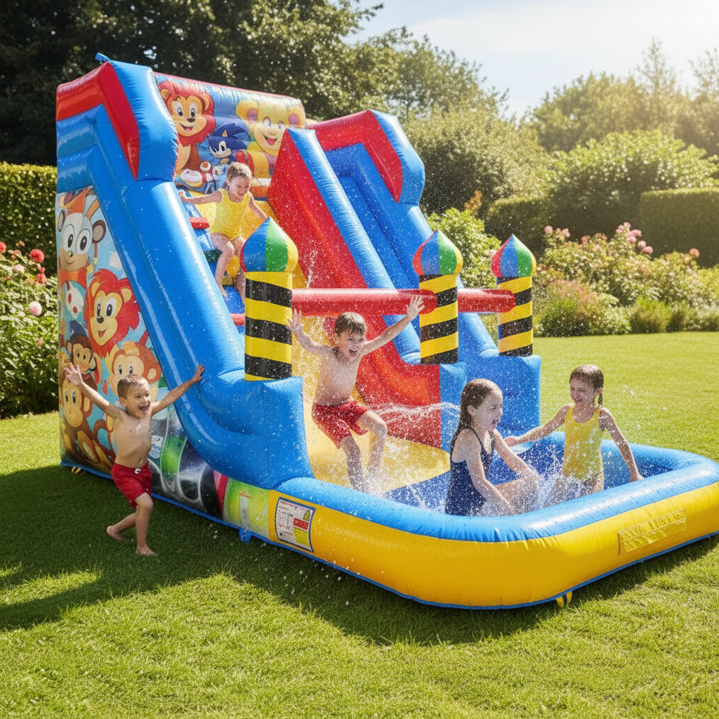 Children playing on a colorful inflatable water slide in a garden.