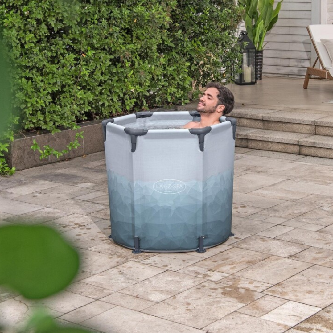 Man relaxing Lay-Z-Spa Glacial Dip Ice Bath Tub
