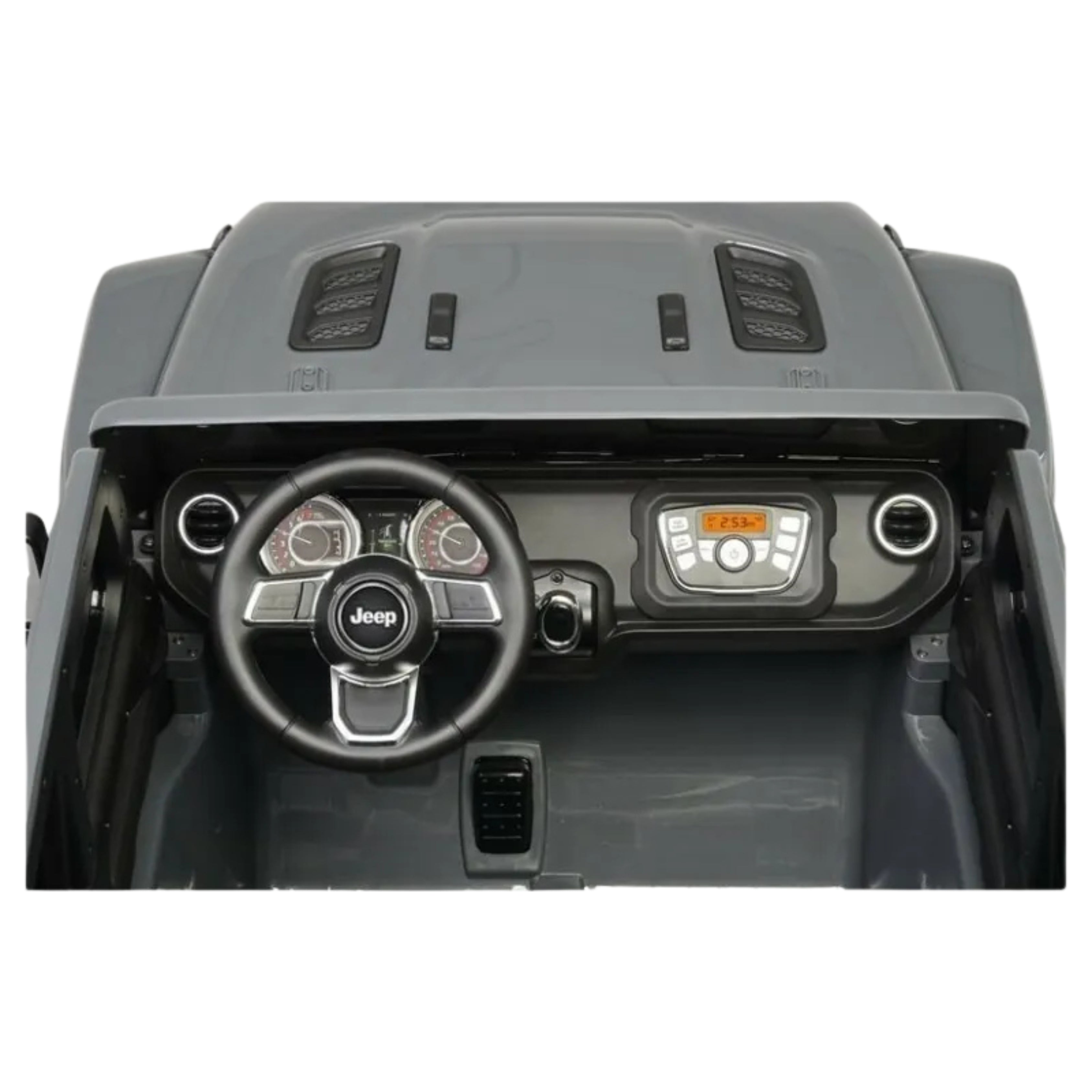 Jeep vehicle interior with steering wheel and dashboard