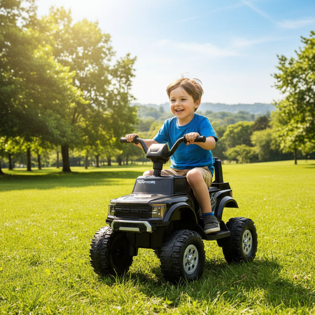 Child riding a toy truck in a park