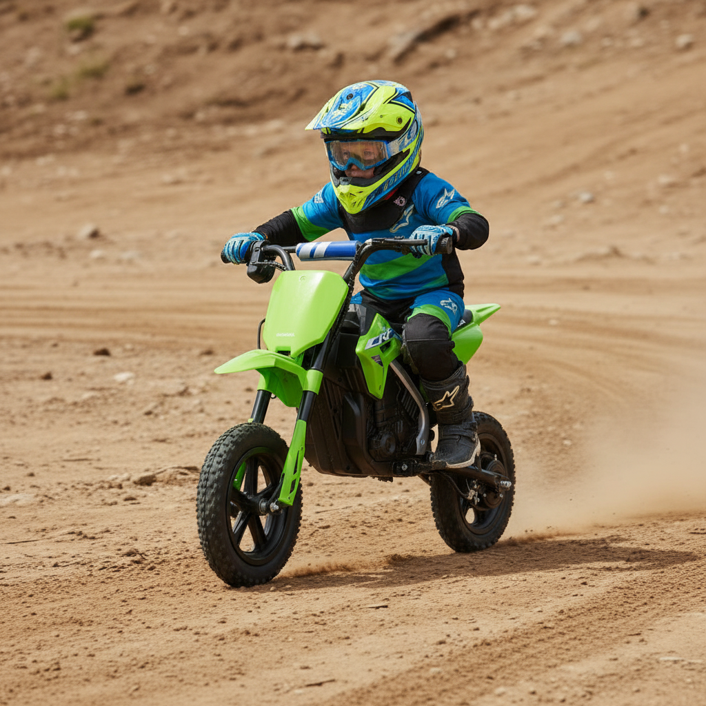 Green Kids riding on a dirt bike