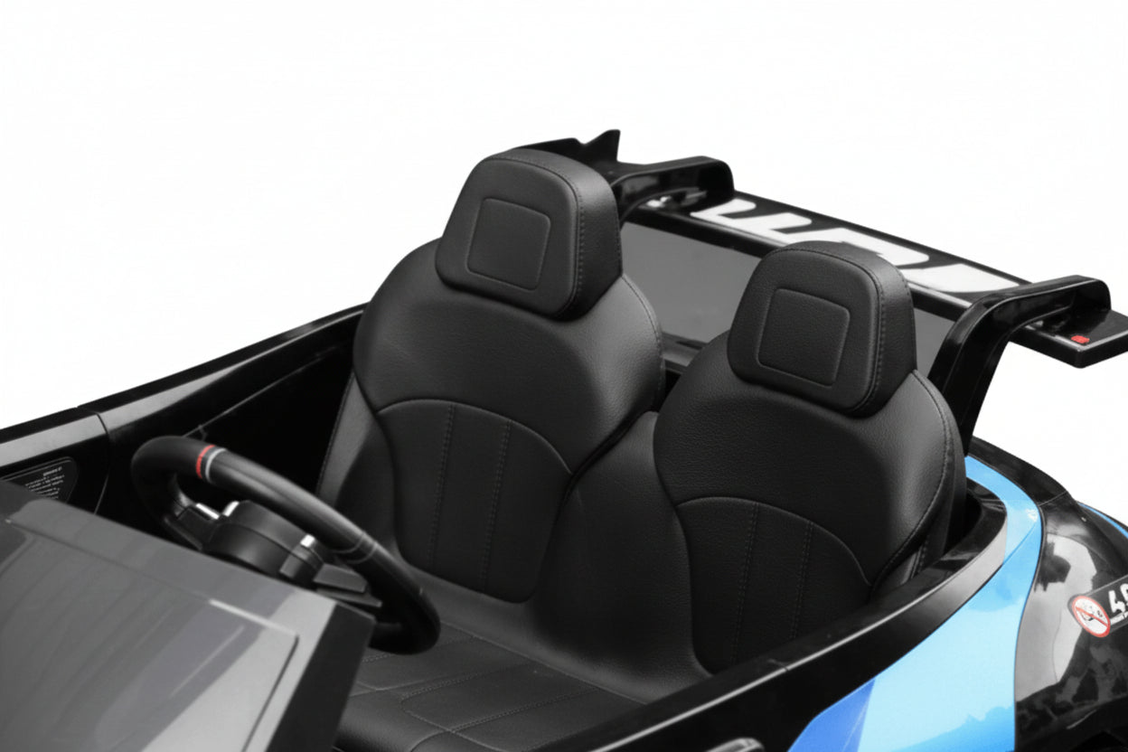 Black seat cover on an M8 GTE Style Racing Electric Ride-On Car for Kids