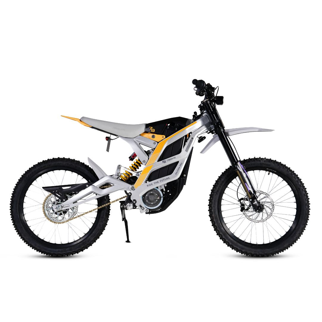 Electric bike with a Silver and black frame and yellow accents