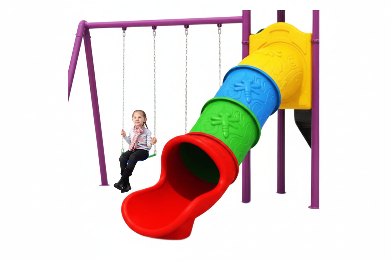 Colourful playground slide with a swing set