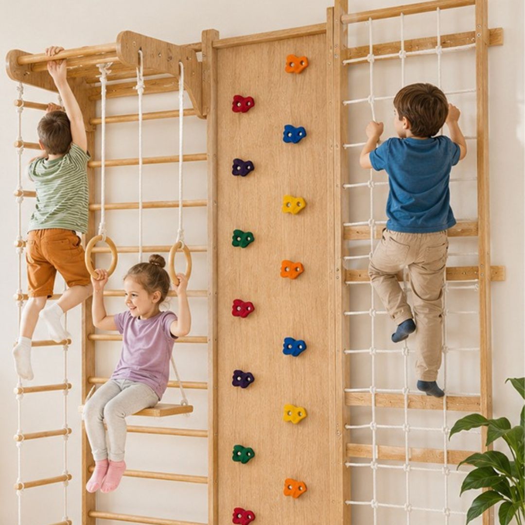 Children playing on a Megastar Wooden Swedish Swing, Pull Up Bar