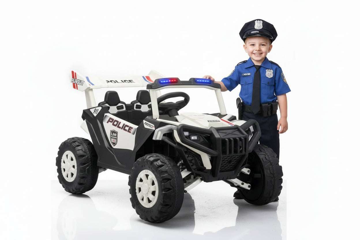 Kid in police uniform standing next to a toy police car