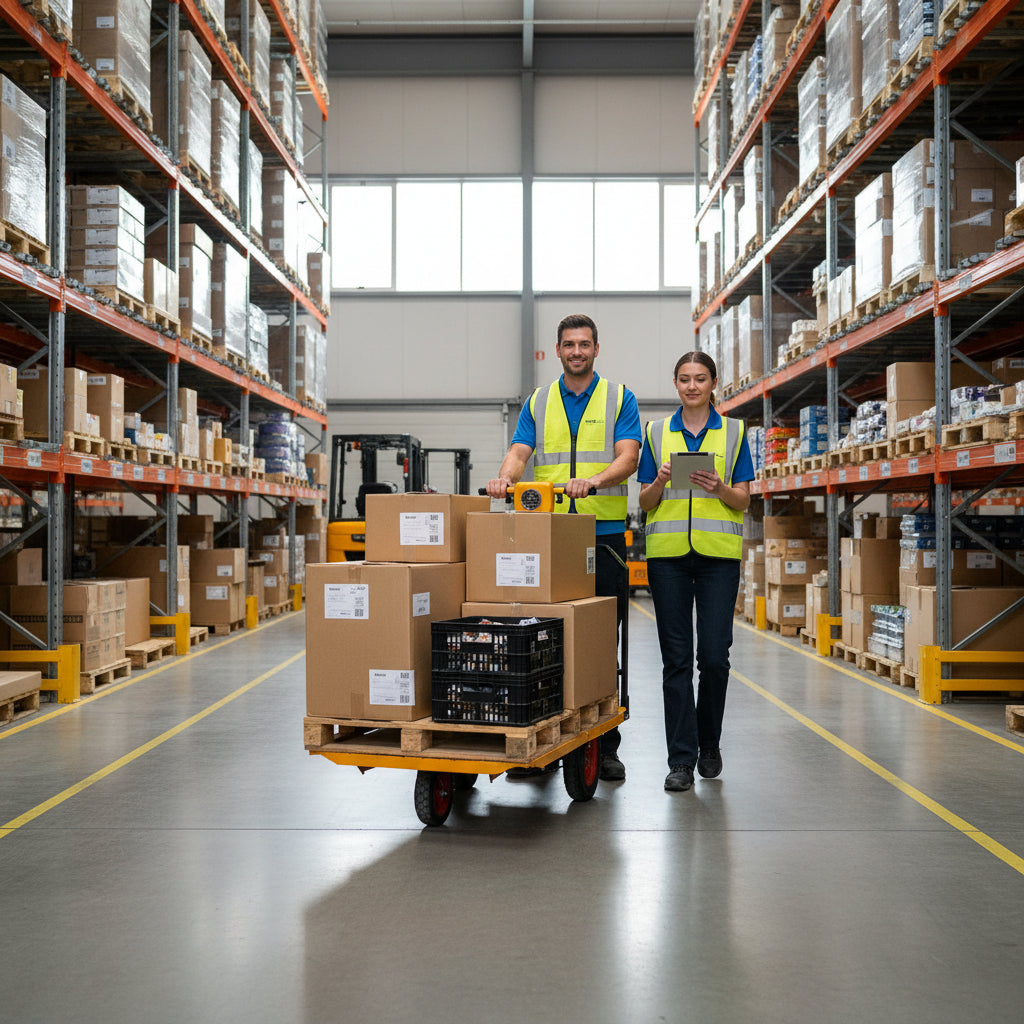 Warehouse staff transporting boxes J-3