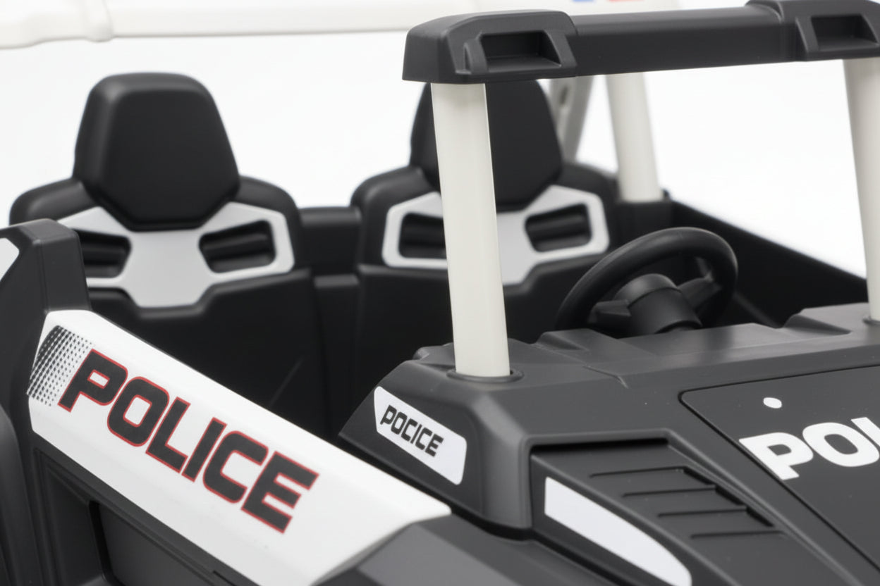 Close-up of the seat of a toy police Kid Car