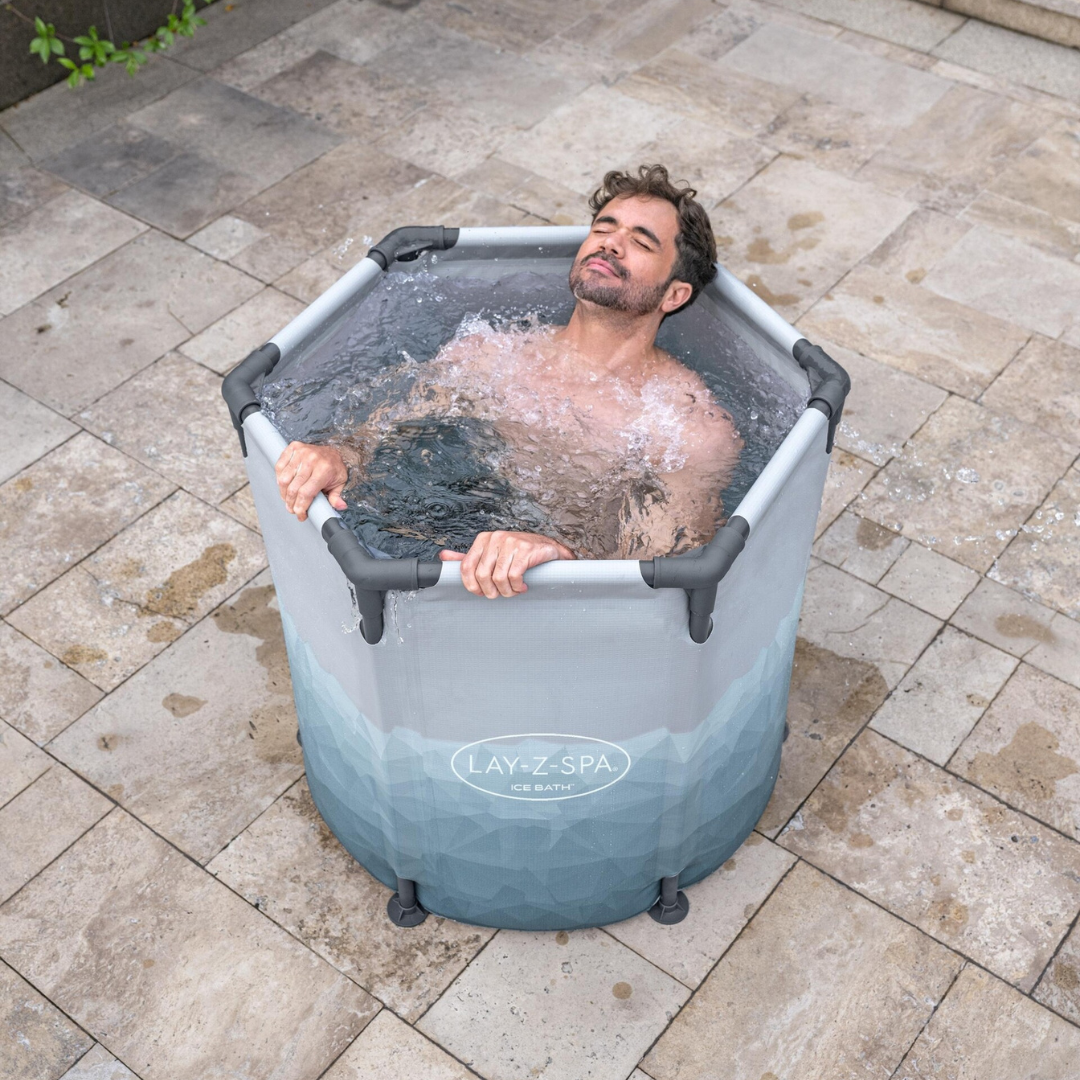 Man relaxing in a portable Ice tub 
