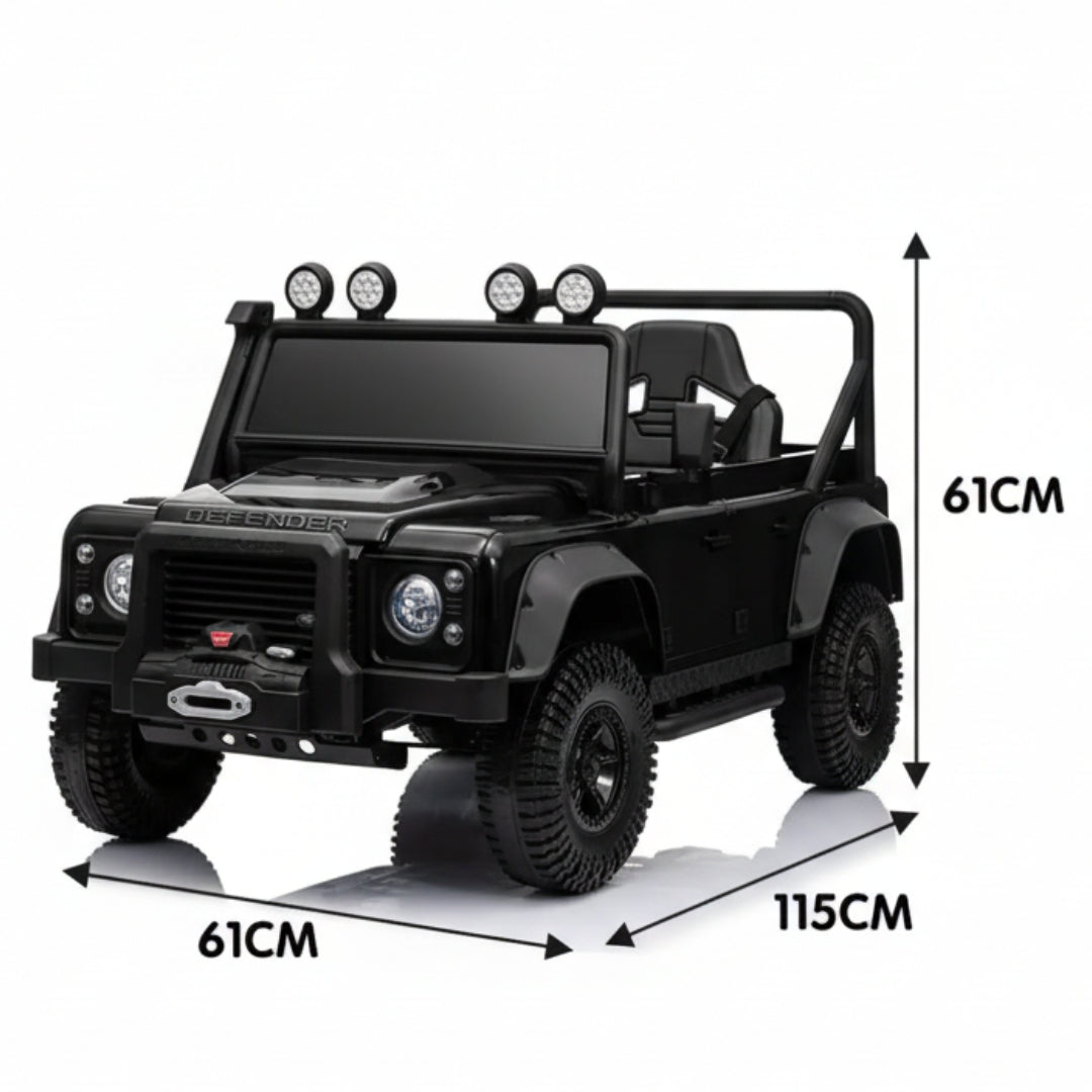 Black toy Land Rover Defender with dimensions indicated