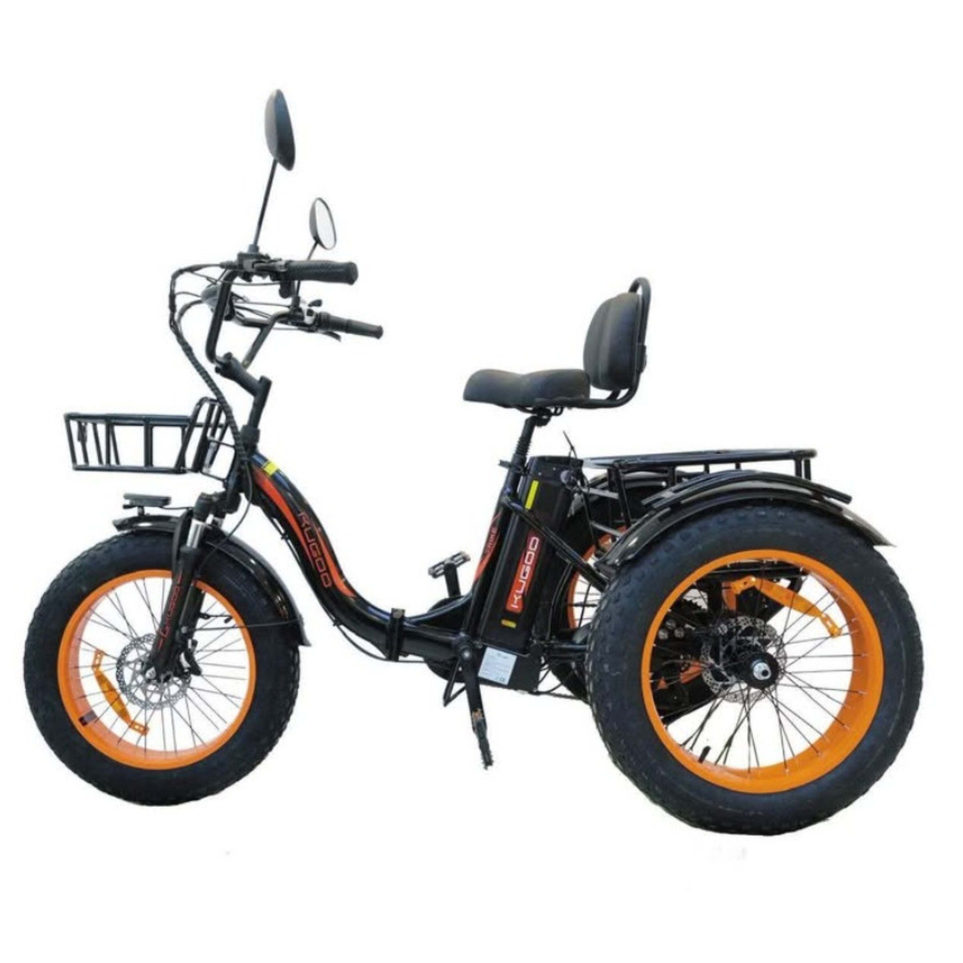 Black electric tricycle Scooter with orange wheels
