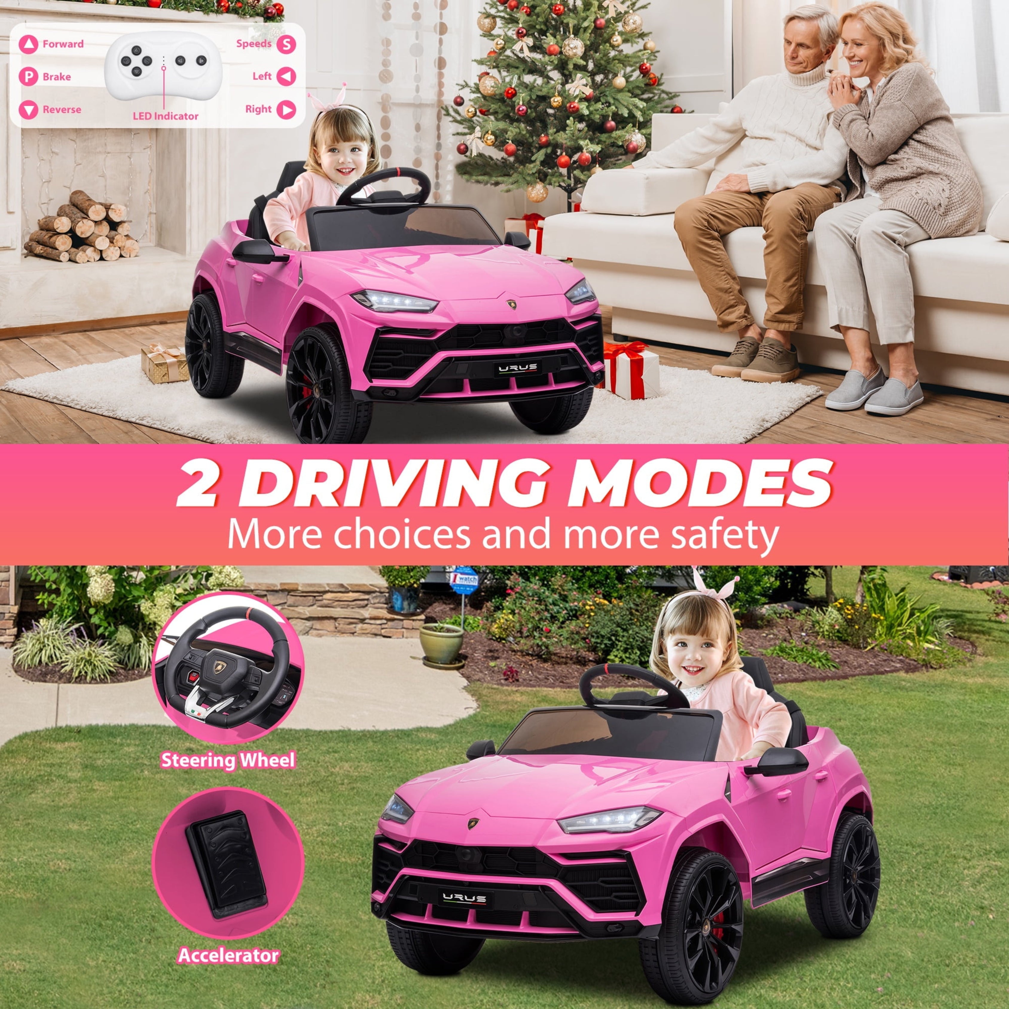 Pink toy car with steering wheel and accelerator controls